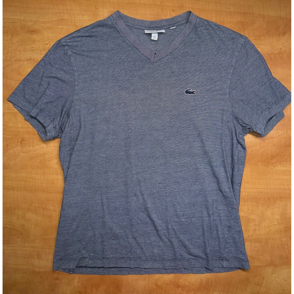 Lacoste Mens Regular Fit V-Neck T-Shirt Navy White Micro Stripe Cotton Large L